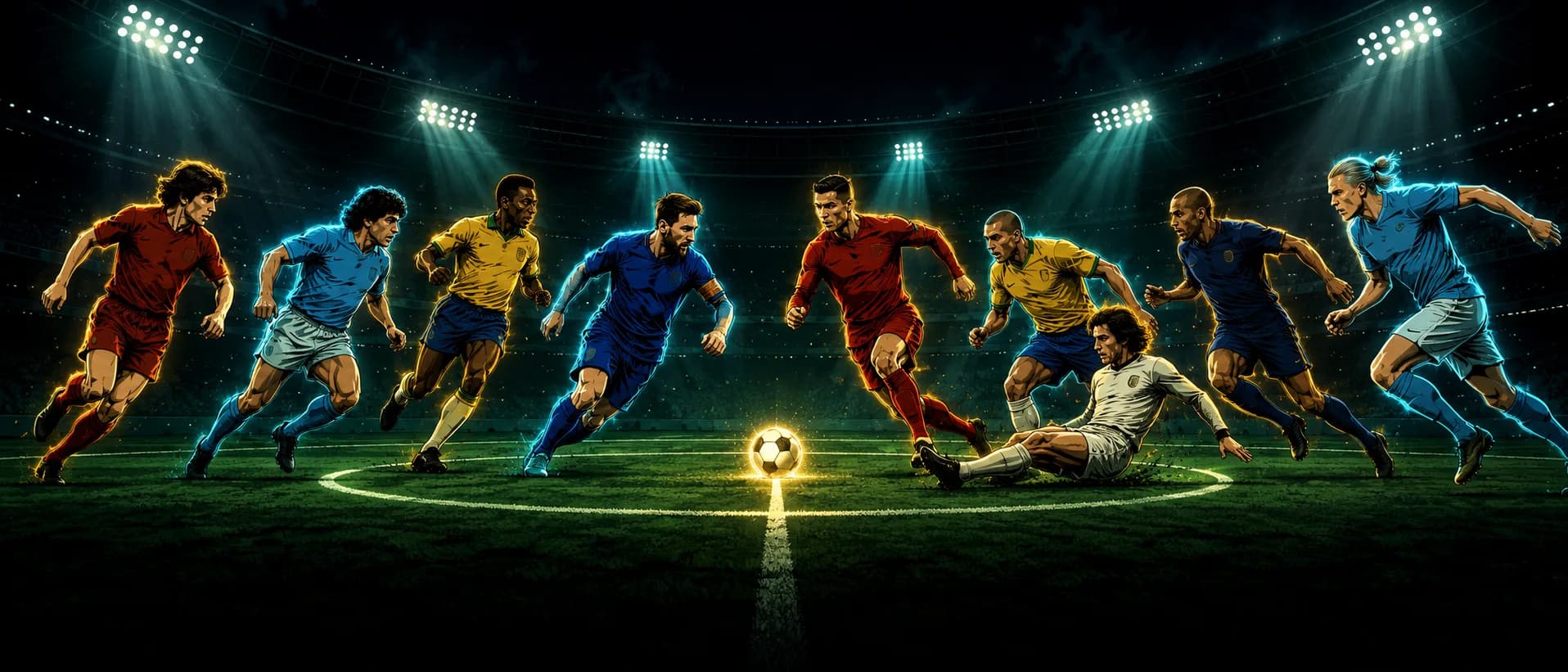 Eight legendary strikers from different eras converging on one glowing ball under floodlights